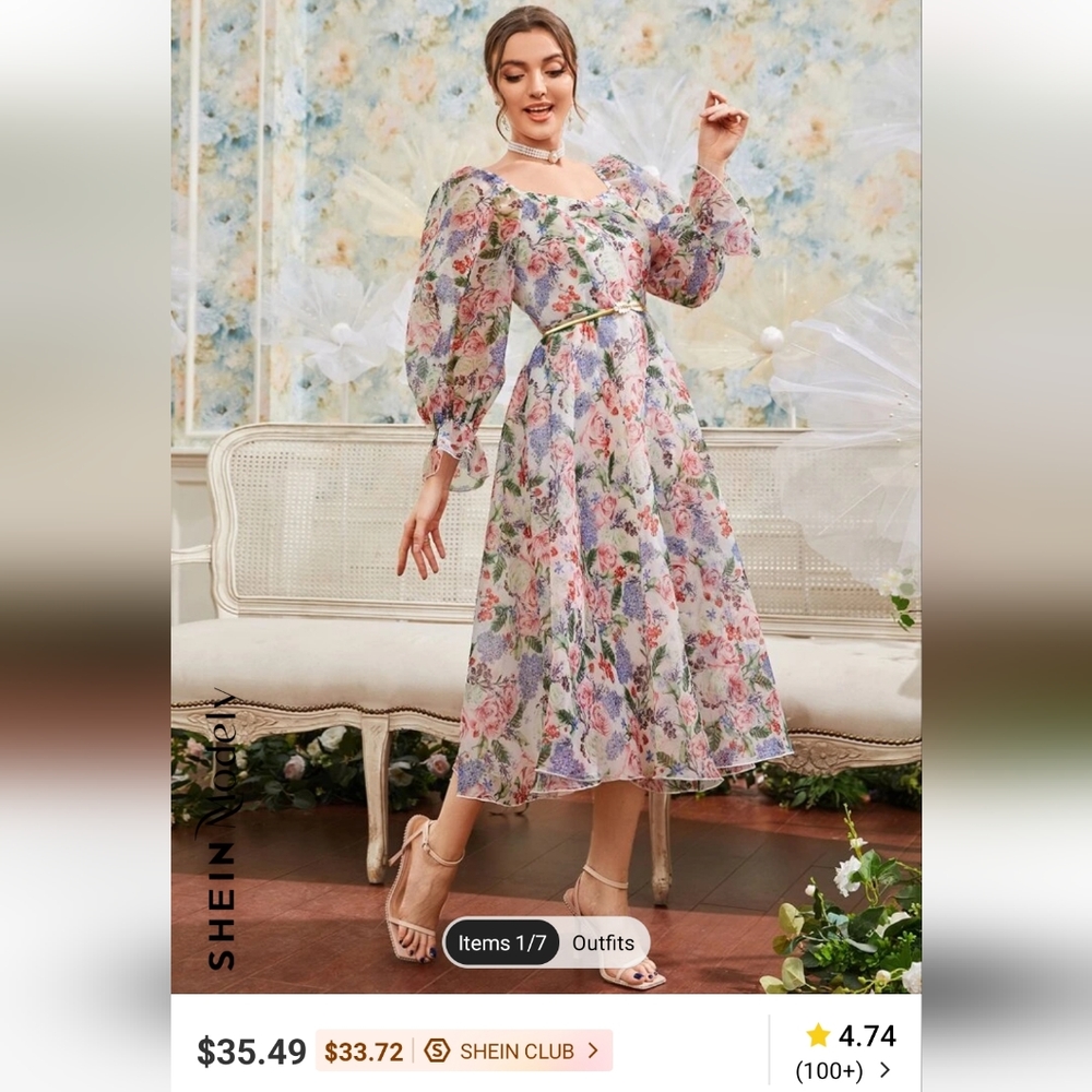 Shein Floral Lantern Sleeve Dress